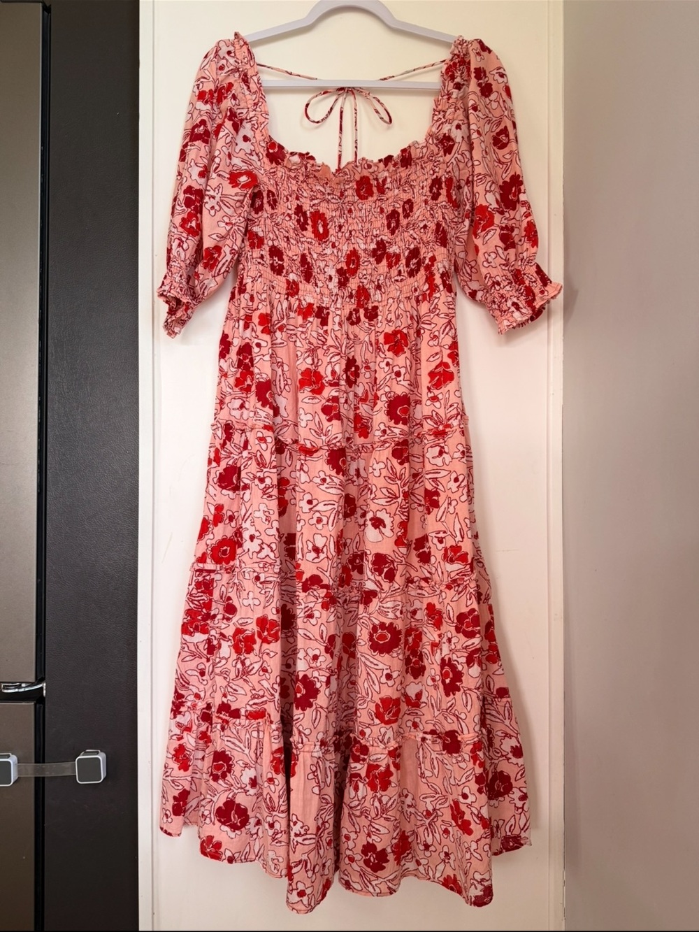 Smocked Floral Midi Dress in Pink and Red